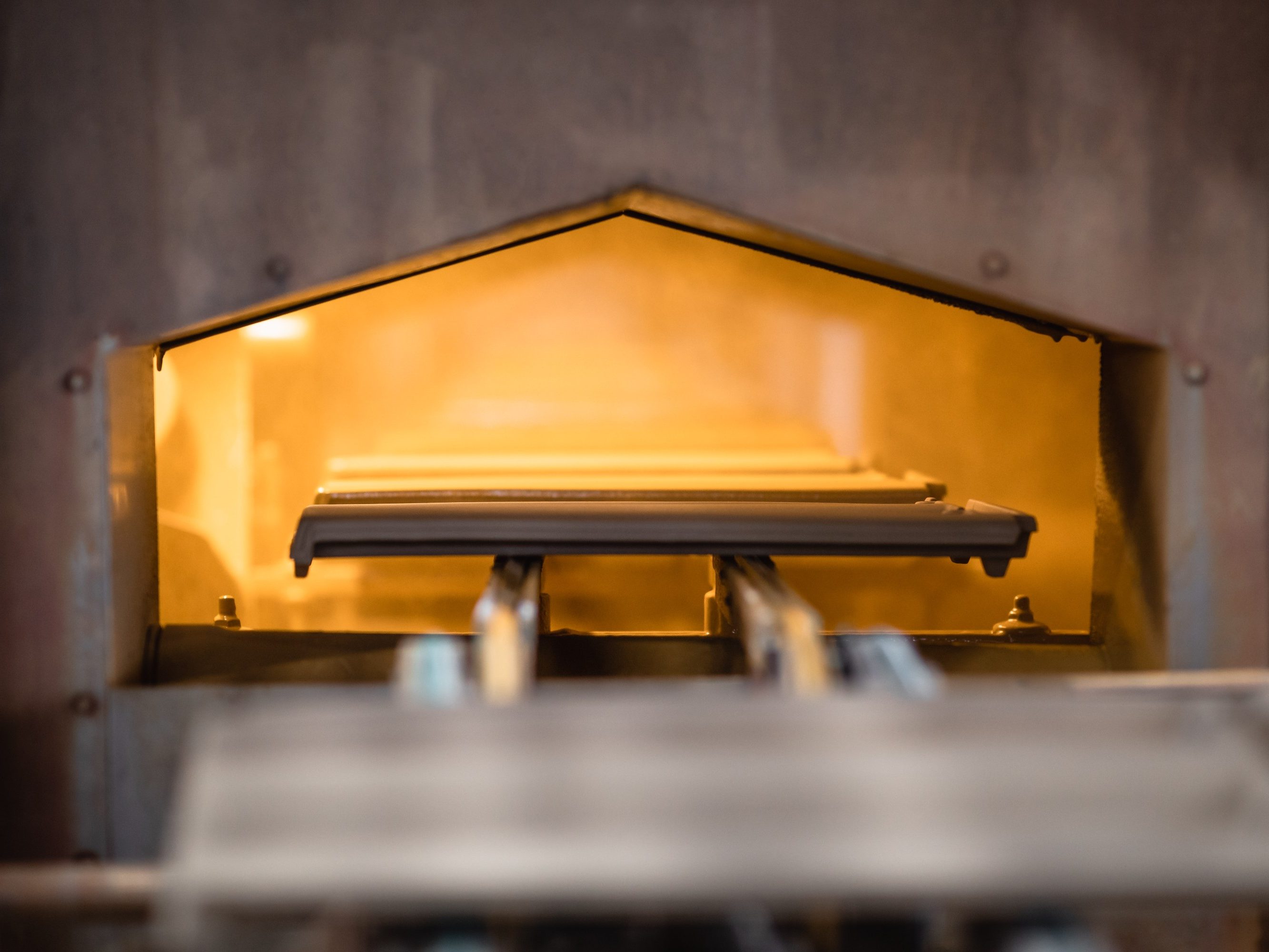 Raw roof tiles in the tunnel dryer
