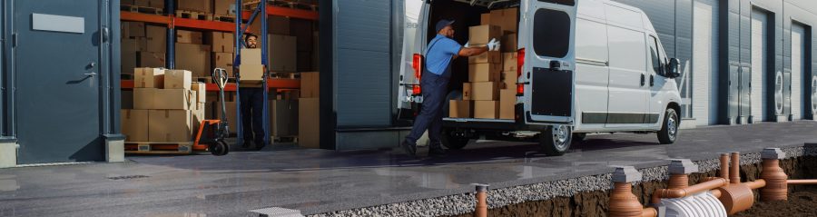Outside of Logistics Warehouse with Open Door, Delivery Van Loaded with Cardboard Boxes. Truck Delivering Online Orders, Purchases, E-Commerce Goods, Wholesale Merchandise.